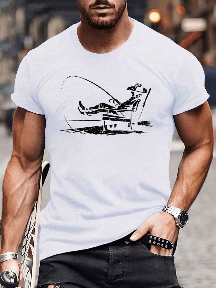Large size men's summer T-shirt - casual short sleeves, with fishing rod pattern, breathable polyester fiber, machine washable, enlarged sizeMilk silk fabric - Blanco - Ver 1