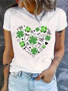 Camiseta Casual de Manga Corta con Cuello Redondo y Estampado de Trébol y Corazón para el Día de San Patricio para Mujer - Blanco - Ver 1