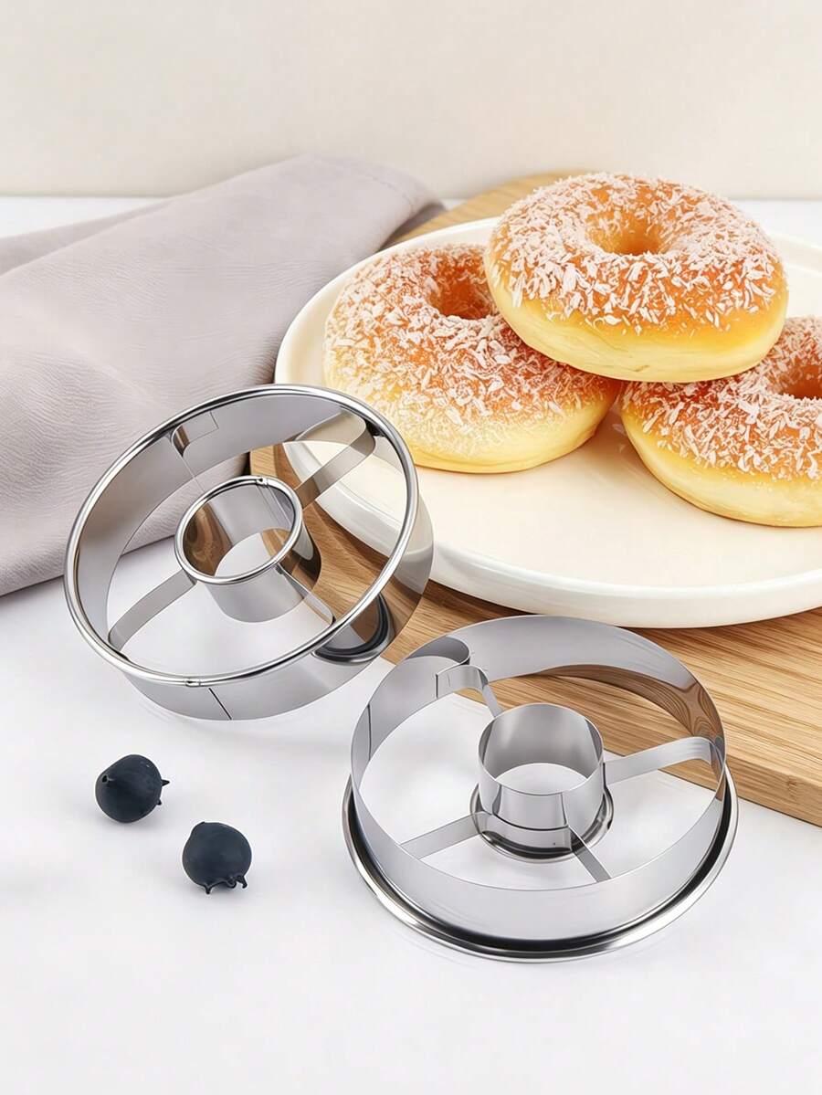 2pcs/1pc Stainless Steel Donut Cutter Mold, Heavy Duty Reusable Dough Cutting Tool, Multifunctional Home Baking Accessory For Homemade Donuts, Bagels & Pastries, Easy Clean Kitchen Bakeware