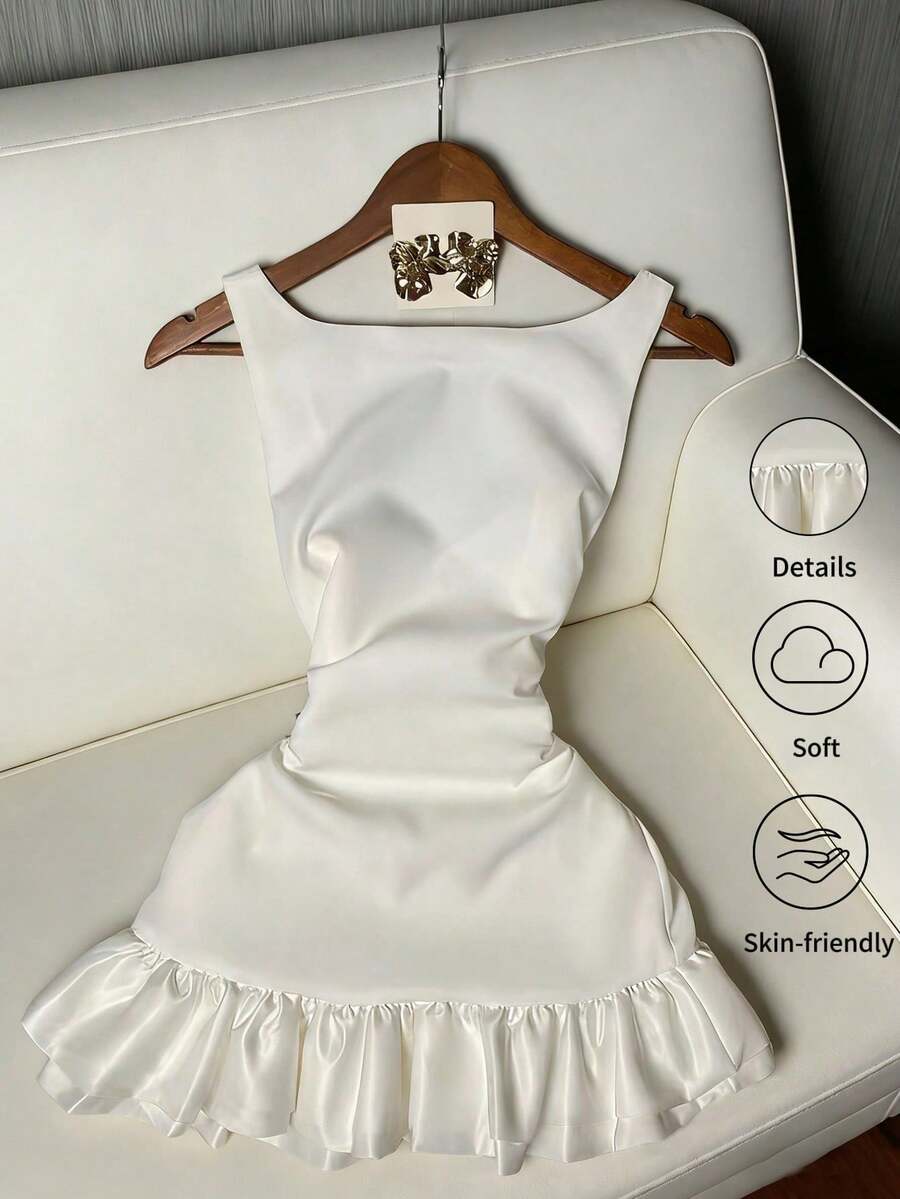 Vestido de satén blanco elegante para mujer, vestido mini con cuello cuadrado, cintura ceñida y volantes en el bajo, estilo de fiesta y cita de lujo para socialité - Blanco - Ver 1