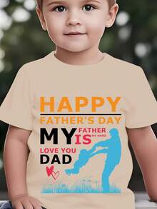 Camiseta de manga corta de moda para niños para el Día del Padre de verano, con estampado de dibujos animados de papá sosteniendo a un niño en sus brazos, "FELIZ DÍA DEL PADRE, MI PADRE ES M - Rojo - Ver 10