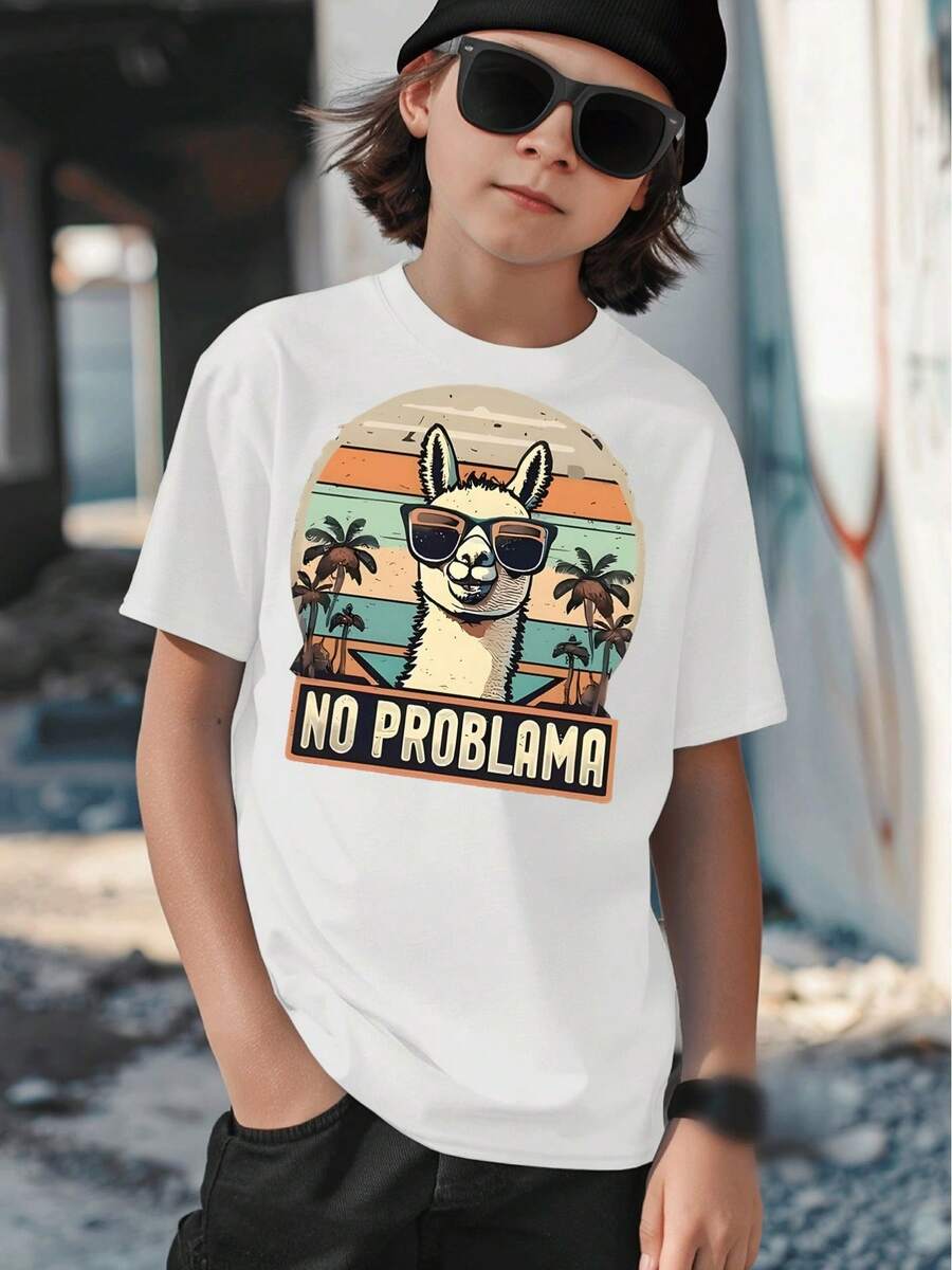 Boys' T-Shirt, Casual And Modern, Summer Fashion With Alpaca Print, Sunglasses And Palm Trees In Retro Sunset Style, For Children Aged 5 To 13 Years, No Problematic Prints, Gift - 白色 - 查看 1