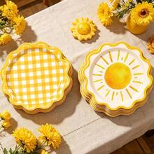 10/20/40pcs 9 Inch Bohemian Sun Paper Plates, Scalloped Edge, Yellow Plaid Pattern, Disposable Dessert Plates For Birthday Party, Baby Shower Party Supplies - Sun - View 1