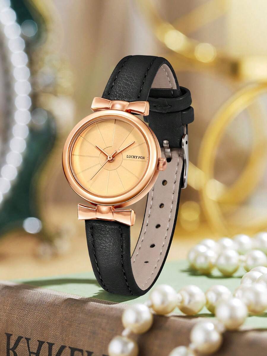 LUCKYFOX 1pc Quartz Wristwatch For Young Students, Gentle Style With Bowknot, Rose Gold Thin PU Leather Strap, Niche Student Vibe, Suitable For Daily Wear - Black - View 1