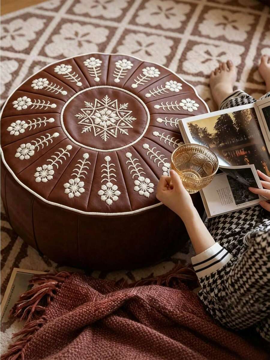 1pc Bohemian Floral Embroidered Storage Footstool, Round Floor Cushion With Storage Function, Waterproof Design, Suitable For Living Room, Bedroom And Home Decor, Multi-Functional Clothes Storage Stool, Home Storage Bench, Foldable Large Capacity Storage Box, Creative Shoe Changing Stool, Soft Round Cushion, Sofa Side Storage Chair