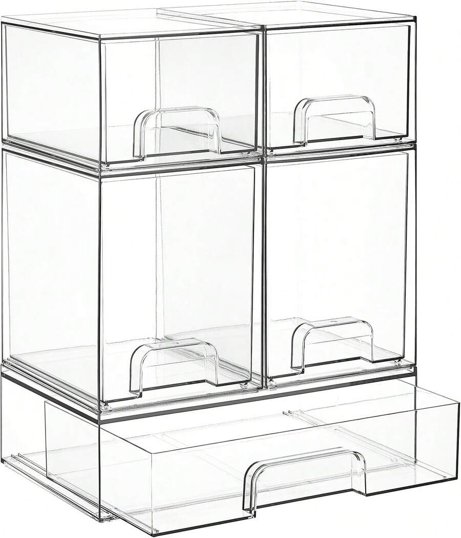 Vtopmart Stackable Storage Drawers, Acrylic Organizer With 24 Non-Slip Mats, Bathroom Organizer For Changing Table, Bathroom (5 Pack: Wide + Tall + Small) - 5 件裝:寬版 + 高版 + 小版 - 查看 1
