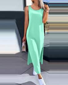 New Women's Simple Solid Color Sleeveless Summer Dress With Lace Back - Army Green - View 10