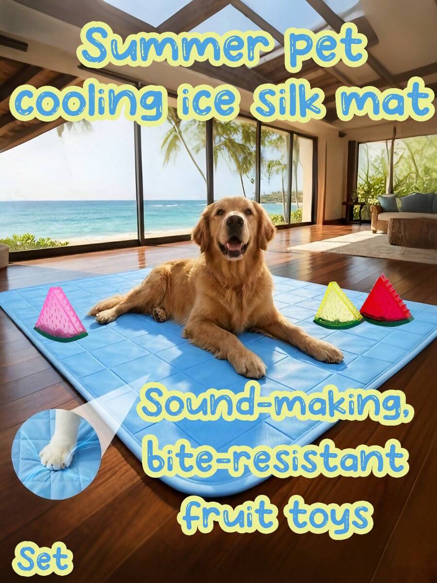 Breathable Easy-To-Wash Cat & Dog Cooling Mat, Universal Ice Pad For Small, Medium, And Large Dogs, Summer Pet Cooling Ice Silk Mat + Squeaky Dog Toy Set, Rubber Durable Chewable Fruit Ice Squeaky Toy, Dual-Effect Cooling And Energy Release, Suitable For Home Floor, Dog Bed, Crate, Outdoor Lawn Interactive Play, Pet Owners, Pet Families, Dog & Cat Lovers, Summer Pet Cooling Gift, Dog Birthday Gift - Multicolor - View 1