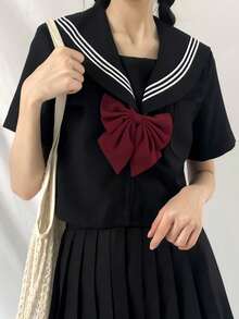 日系可愛校園風水手領 Cosplay 制服，純黑色附領結與百褶裙，3 件組 JK 水手服秋季款 - 黑色 - 查看 7