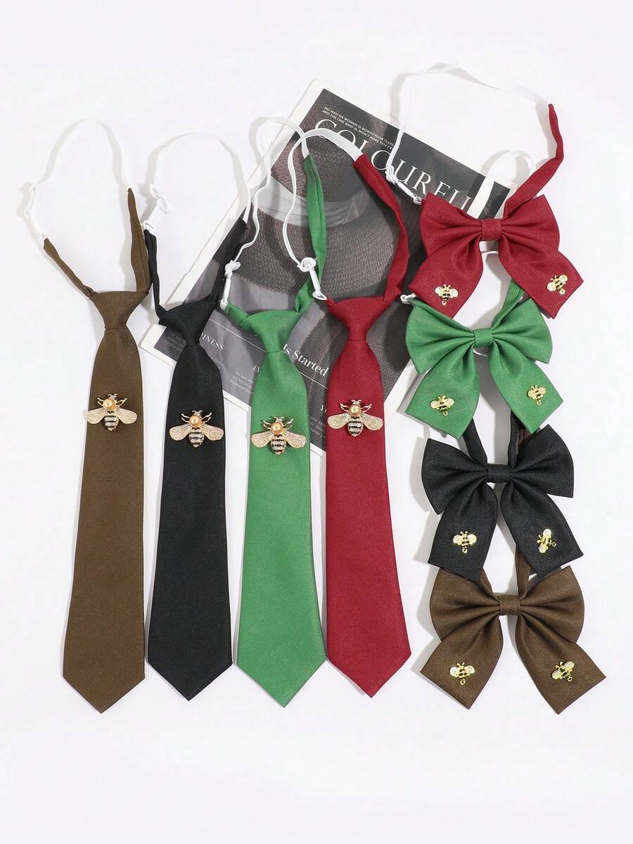 1 Set Women's Casual Solid Color Bee Adjustable Collar Bow Tie Set, Suitable For Campus, Shopping, Dating - Multicolor - View 1