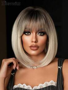 7JHH WIGS 漸層灰色短波波劉海假髮 女款 12英吋直髮合成纖維假髮 深色髮根 無膠耐熱纖維 逼真輕量 日常派對佩戴 - 淺灰色 - 查看 2