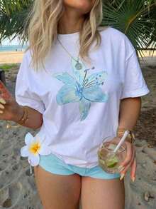 Soft Cotton Summer T-Shirt, 1 Piece Of Loose-Fitting 100% Cotton Women's T-Shirt With Dropped Shoulders, Printed With Watercolor Pink Lily Designs, Perfect For The Beach In Summer, V - 白色的 - 查看 1