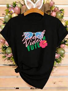 Unisex T-Shirt, Beach Vibes VOY Graphic Print - Cute Pink Hibiscus Flower And Sunglasses Design, Casual Short Sleeve Summer T-Shirt, Soft And Breathable Top - 黑色 - 查看 1