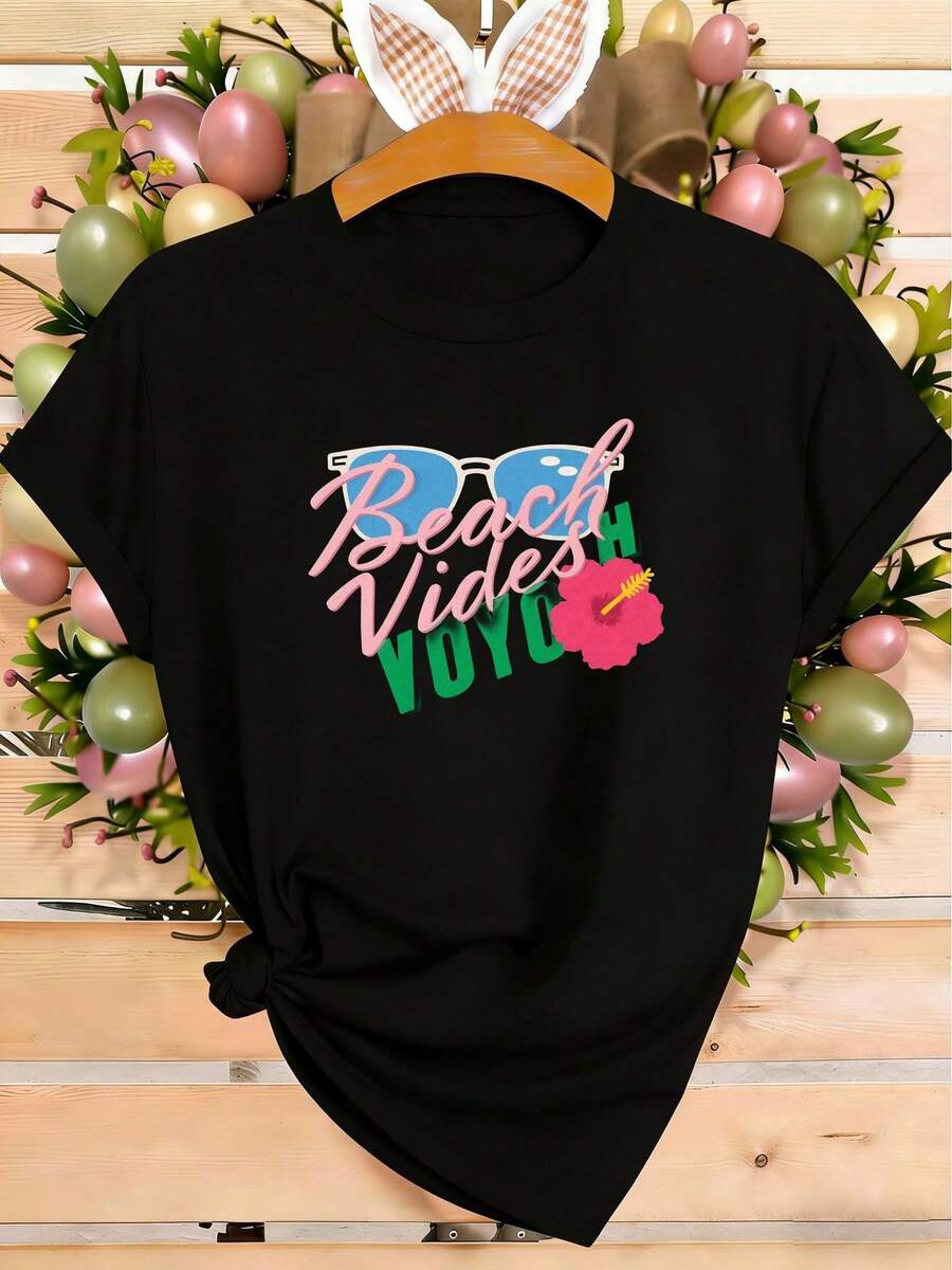 Unisex T-Shirt, Beach Vibes VOY Graphic Print - Cute Pink Hibiscus Flower And Sunglasses Design, Casual Short Sleeve Summer T-Shirt, Soft And Breathable Top - 黑色 - 查看 1