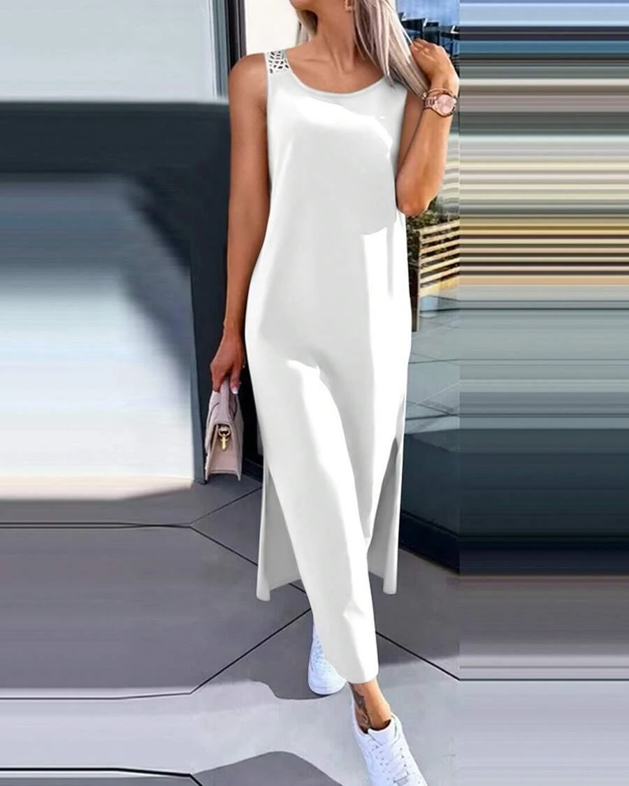 New Women's Simple Solid Color Sleeveless Summer Dress With Lace Back - White - View 1