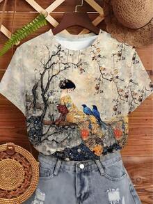 Women's One-Piece Summer T-Shirt, Round Neck And Short Sleeves, With Floral And Bird Print In Japanese, Korean And Chinese Style, Retro, Elegant And Casual, With Delicate Colors - 灰色 - 查看 4