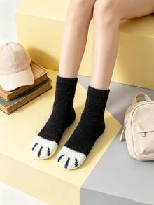 6 Pairs Mixed Color Fluffy Mid-Calf Socks For Women, Suitable For Daily Home/Office Tiger Paw Non-Slip Floor Socks, Cozy Socks - Multicolor - View 3