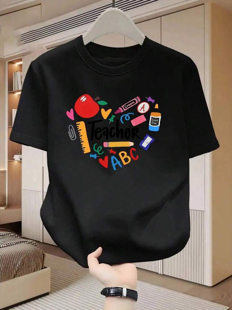 Camiseta casual manga corta para hombre, diseño corazón colorido con texto Maestro y Vibrante, mezcla de Poliéster lavable, cuello redondo, moda versátil para primavera, verano y otoño, - Negro - Añade 1