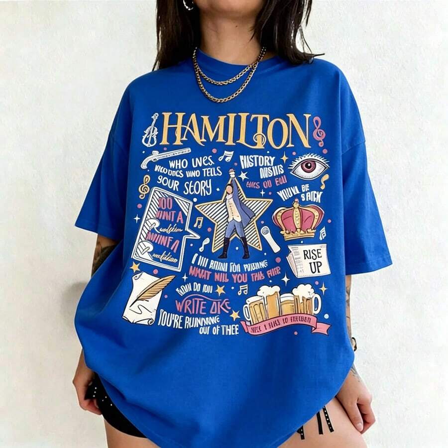 Camisetas de algodón para mujer, Camiseta cómoda con cita del musical Hamilton, Camiseta inspirada en la línea revolucionaria de Lin-Manuel Miranda, Camiseta con estampado de musical - Azul - Ver 1