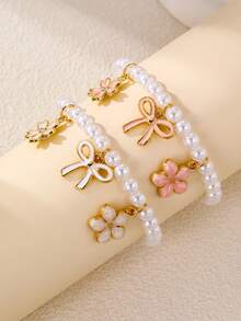 1pc/2pcs Kids Pearl Beaded Oil Drop Flower Bow Bracelet Set, Suitable For Kids Daily Decoration - Multicolor - View 3