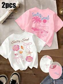 Short-Sleeved T-Shirt With Round Neck And Hawaiian Floral And Letter Print For Girls, Casual And Modern Style, Ideal For Everyday Outings And Holidays, Hawaiian T-Shirt For The - 彩色 - 查看 1