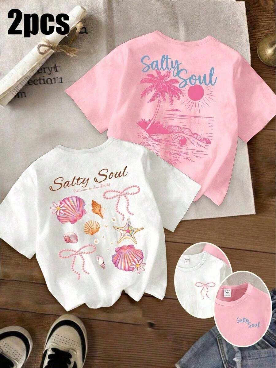 Short-Sleeved T-Shirt With Round Neck And Hawaiian Floral And Letter Print For Girls, Casual And Modern Style, Ideal For Everyday Outings And Holidays, Hawaiian T-Shirt For The - 彩色 - 查看 1