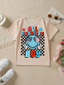 Fashionable Short-Sleeved T-Shirt For Boys 'American Independence Day' 'ALL AMERICA BOY' With Plaid Elements And Double-Sided Cartoon Print, Casual Outdoor Top - 卡其色 - 查看 3