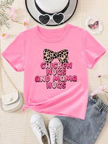 Girl's T-Shirt With The Inscription "Chicken Nugs And Mama Hugs" And A Leopard Print Bow, Modern, Casual And Versatile. - 軍綠色 - 查看 2