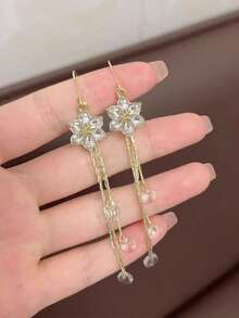 1对紫色花朵耳环，新款优雅长流苏耳环 - 金色 - 查看 3