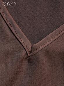 DONICY Women's Brown Flowy Waist-Tie Round Neck Fashion Casual Top - Coffee Brown - View 4