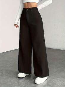 Women's High Waist Wide Leg Trousers - Corduroy Texture, Casual Pants, Comfortable For All Seasons, Machine Washable - Hitam - View 2