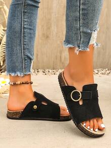 Women's Thick Sole/Cork Sole/Open Toe Metal Ring Buckle Solid Color No Pattern Open Toe/Low Top/Single Strap Thick Sole/Flat Sole/Platform Sole Slide Sandals Vintage Casual Style Summer/Beach Vacation/Daily Casual/Black Suede/Cork Sole Beach Sandals - Black - View 5