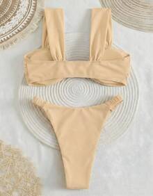 Women's Bikini With Thick Straps, Ruched Detail, High-Cut Bottom, Beachwear, Summer Style - Nude - View 5