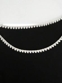 Top elegante de mujer de terciopelo polar con cuello cuadrado, manga larga, ribete festoneado en contraste blanco y negro, ajuste ceñido, camiseta básica para capas en otoño e invierno - Negro - Ver 6