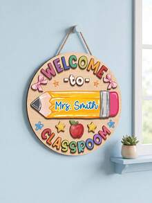 1pc Personalized Custom Text Round Wooden Classroom Door Sign,Custom Teacher Name Welcome Wall Hanging Plaque,2D Flat Pencil Apple School Door Hanger,Teacher'S Day Back To School Gift,Educators,Classroom Front Door Welcome Decorations - Apricot - View 7
