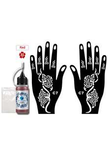 Hana Hand-Drawn Hollow Hands Tattoo Stencil + 1 Bottle Red Henna Tattoo Ink Combo Set, Henna Tattoo, Suitable For Hands, DIY Painting, Ink, Reusable Mehndi Design Template Ink - Red - View 10