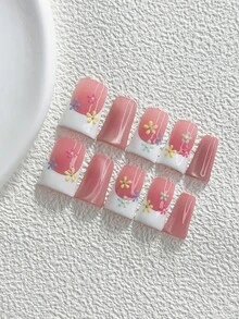 10pcs French Soft Gel Press-On Nails, Polygel Nail Art Set, Floral Pattern, Pink Blue Yellow White Nail Polish, Sweet & Cool Style, Includes Nail Tools, 3 Sizes Available, Almond/Duck/Coffin Shape, Suitable For Party, Dancing, Daily Wear Handmade Press On Nails - 彩色 - 查看 20
