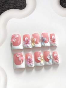 10件甜美風手工穿戴式美甲，Polygel美甲套組，五瓣花設計，粉色、黃色、藍色、白色指甲油，法式風格，含美甲工具，3種尺寸可選，杏仁形、鴨嘴形、棺材形，適合派對、跳舞、日常配戴 - 彩色 - 查看 19