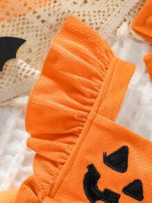 0-18M Baby Girl Autumn Halloween Pumpkin Smiling Face Patchwork Flutter Sleeve Mesh Tutu Dress & Bow Headband 2pcs Set Infant Romper - Multicolor - View 4