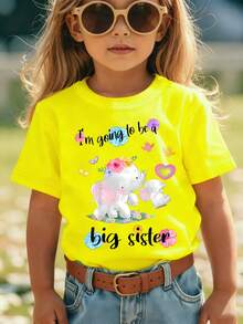 Girls' Short-Sleeved T-Shirt, Summer Style, With "I'm Going To Be A Big Sister" Print And Two Cute Cartoon Elephants, Casual And Versatile Top NY-DX9297 - 酒紅色 - 查看 1