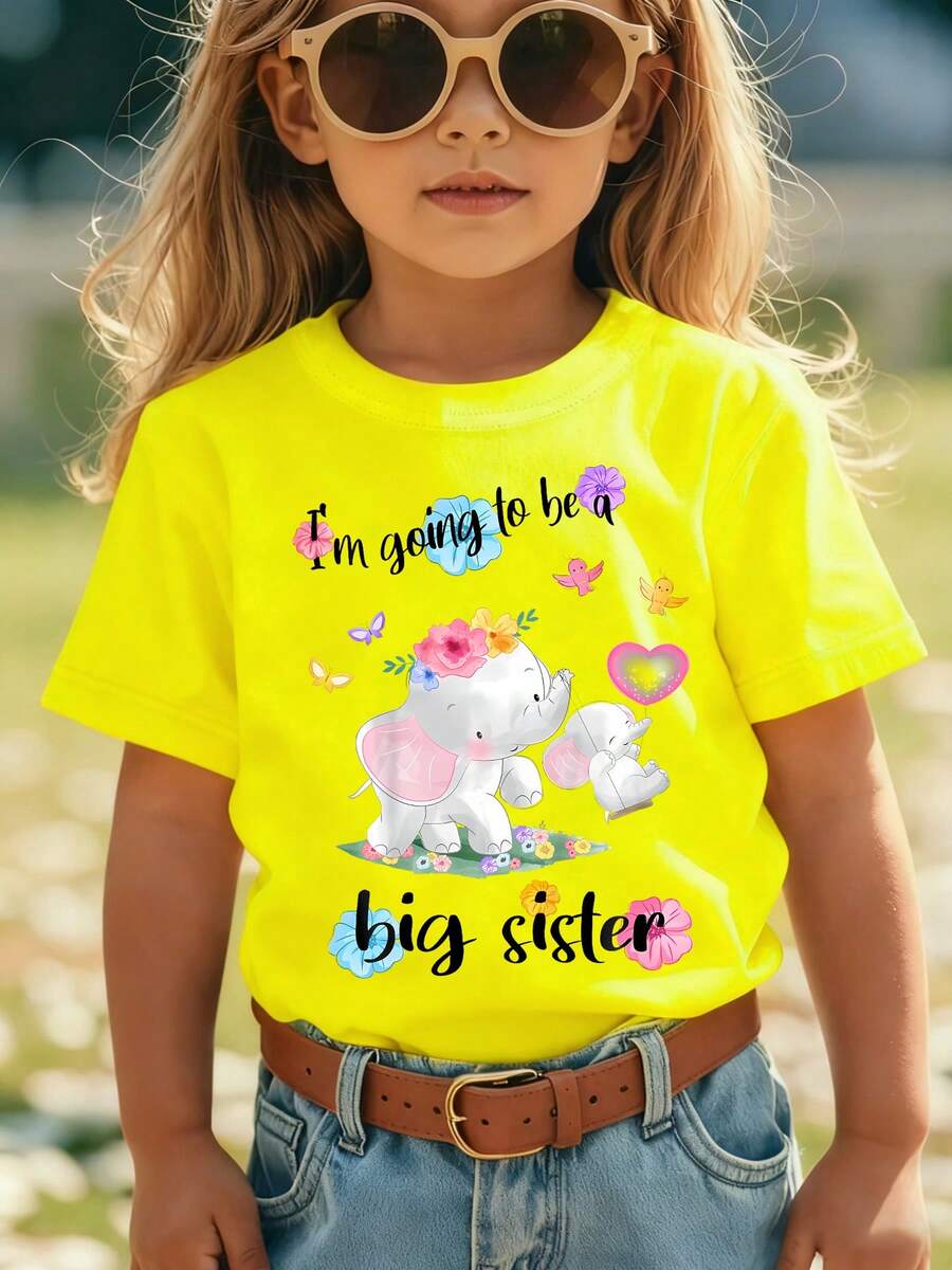 Girls' Short-Sleeved T-Shirt, Summer Style, With "I'm Going To Be A Big Sister" Print And Two Cute Cartoon Elephants, Casual And Versatile Top NY-DX9297 - 酒紅色 - 查看 1
