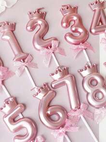 3D皇冠蝴蝶結0-9數字生日蛋糕蠟燭，生日派對裝飾插蠟燭 - 粉色 - 查看 4