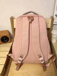 Mochila minimalista blanca crema para estudiantes, mochila de nylon suave con múltiples bolsillos y etiqueta de parche de cuero para la escuela & el transporte diario - Multicolor - Ver 6