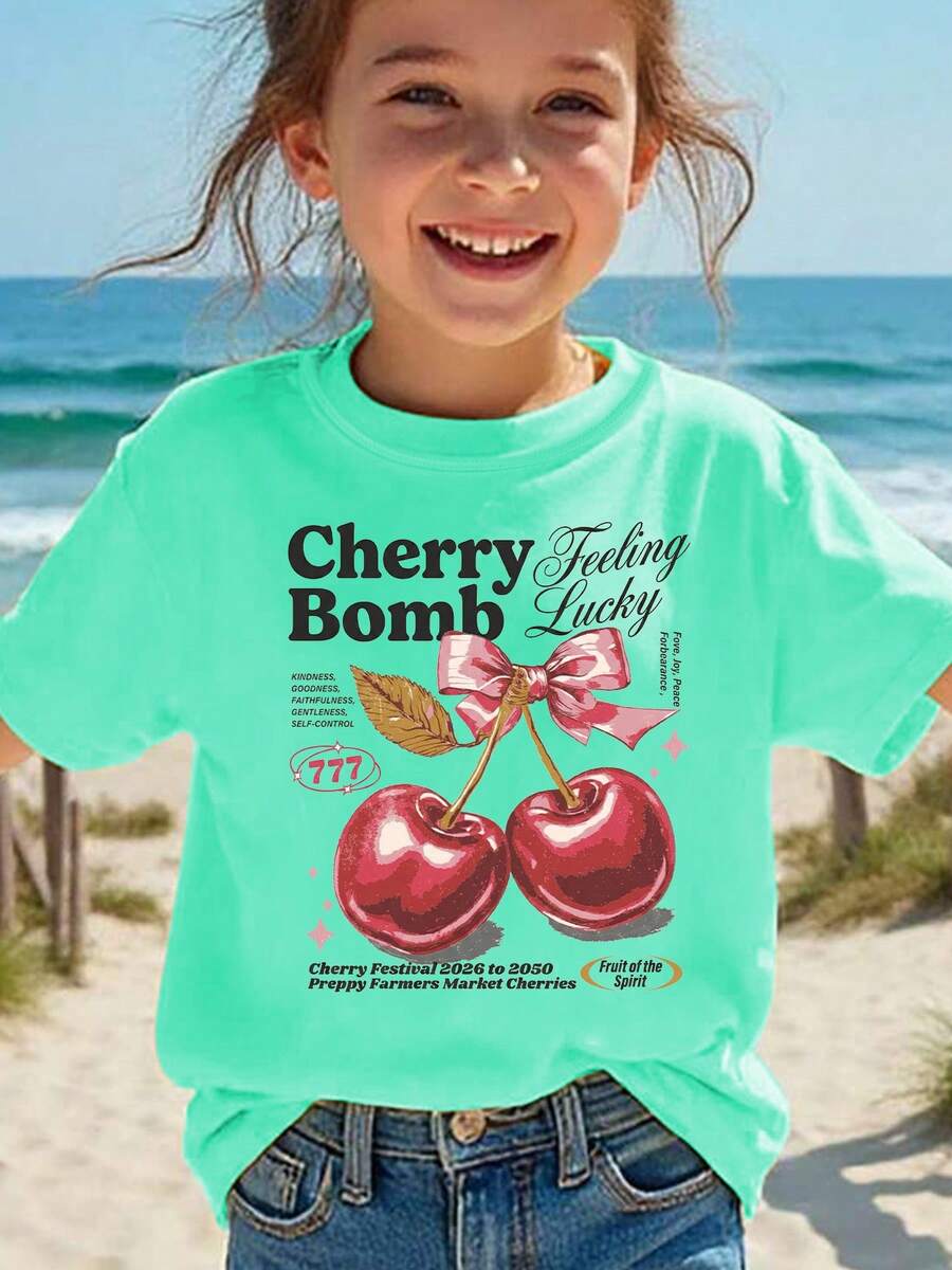 Girls' Short-Sleeved T-Shirt, Summer Style, With "Cherry Bomb" Print, Bow And Cartoon Cherry Design, Casual And Versatile Top NY-DX9386 - 綠色 - 查看 1