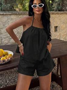 Ensemble 2 pièces débardeur noir mignon et décontracté avec lien à nouer pour femmes, adapté aux vacances d'été élégantes - Noir - Voir 5