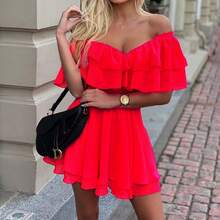 New  Summer Dress, Popular, Fitted, V-Neck, Off-The-Shoulder, A-Line Cut. - Hot Pink - View 4