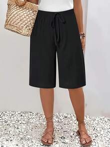 Fashionable Casual Shorts For Women, Mid-Length And Solid Color - Black - View 2