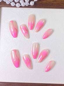 10 Stücke handgefertigte Mandelform Nagelaufkleber mit fluoreszierendem Pulver und Farbverlauf, mit hautfarbenen Streifen. Einfaches, sanftes rosa Design, geeignet für Frauen und Mädchen für Dates, alltägliche Ausflüge und zum Tragen. Nägel - Verschiedenfarbig - Übersicht 4