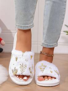 Sandal Rumah Wanita Model Terbuka dengan Hiasan Pohon Natal, Sepatu Rumah Slip-On yang Nyaman dan Bernapas untuk Musim Gugur/Dingin, Sepatu Asrama Mahasiswa - Putih - View 2