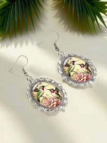 2pcs/Set Hummingbird Earrings, Floral Earrings, Natural Garden Style Oval Bird Earrings - Silver - View 3
